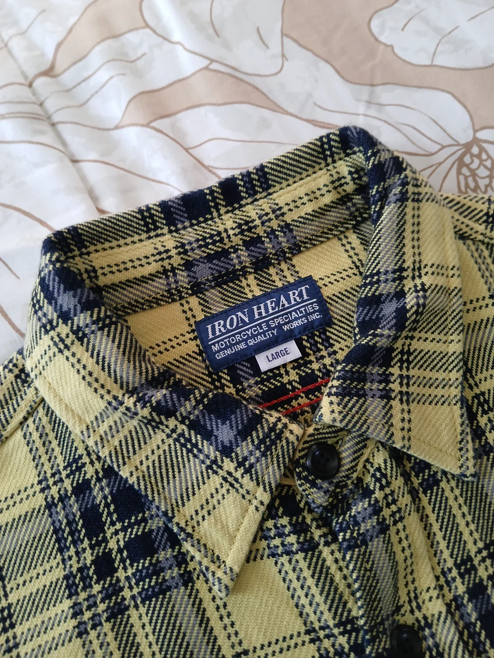 Iron Heart IHSH-412-YEL - 9oz Selvedge Indigo Check Flannel Work Shirt - Yellow - Picture 3 of 11